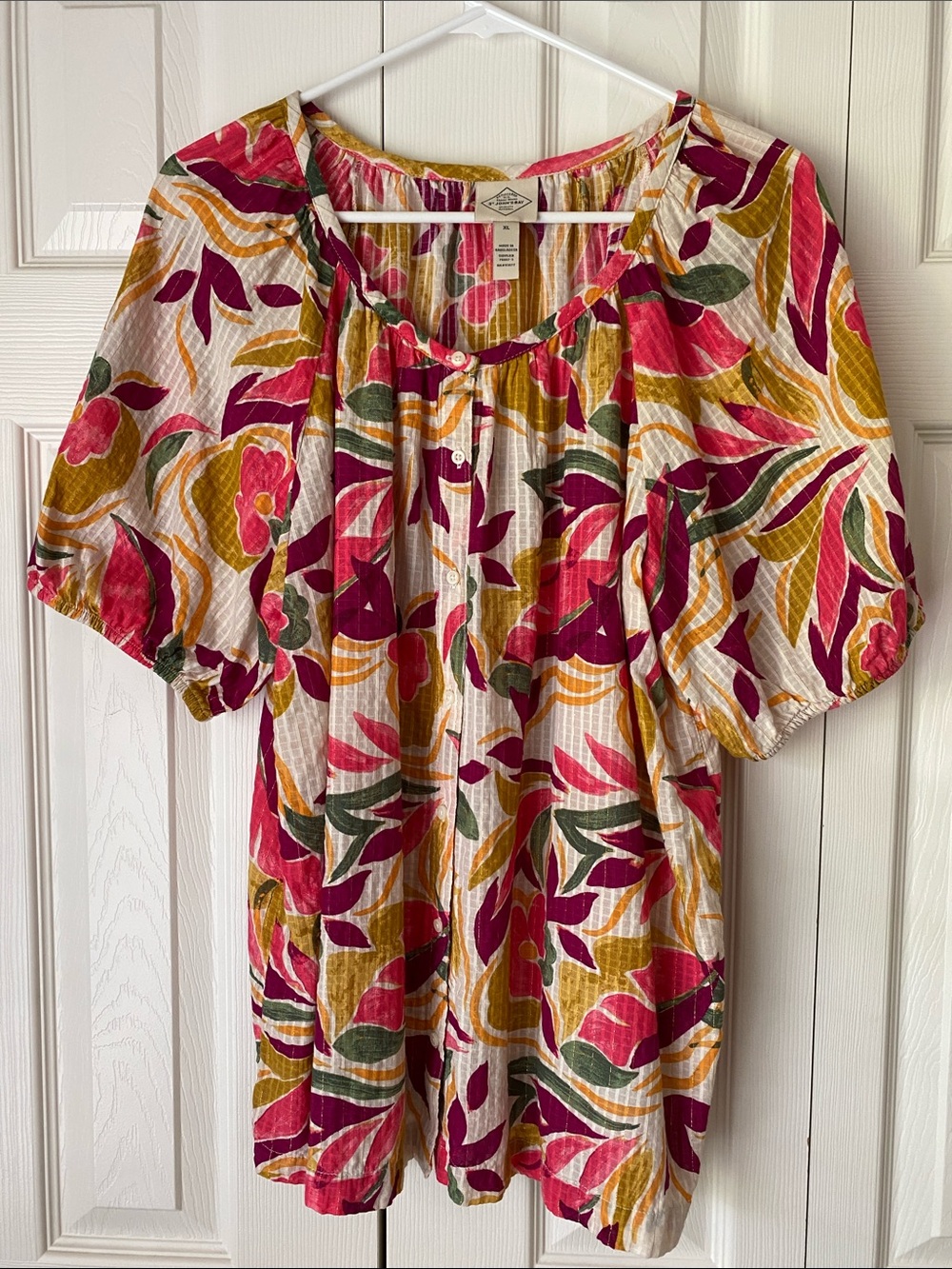 St. John's Bay Floral Button-Front Tunic in Pink, Mustard and Green